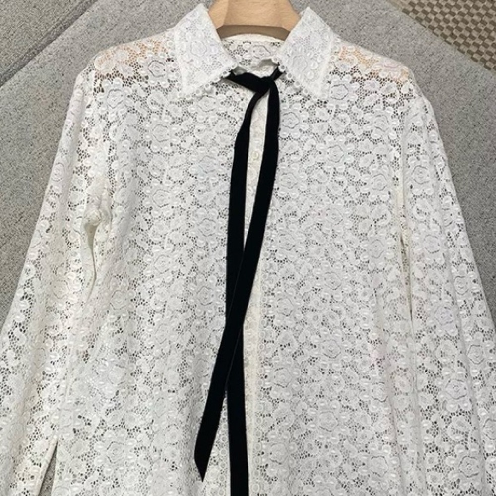 White Lace Button Down Shirt with Black Tie